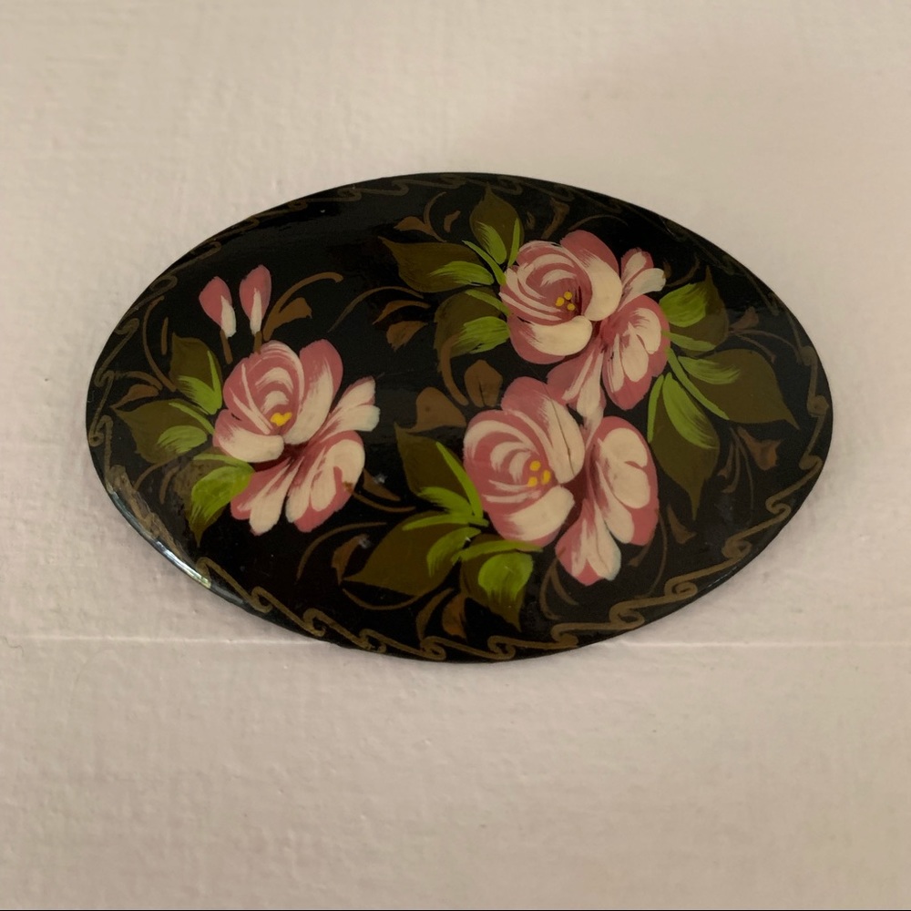 Vintage Russian. Hand painted pin. Signed on back